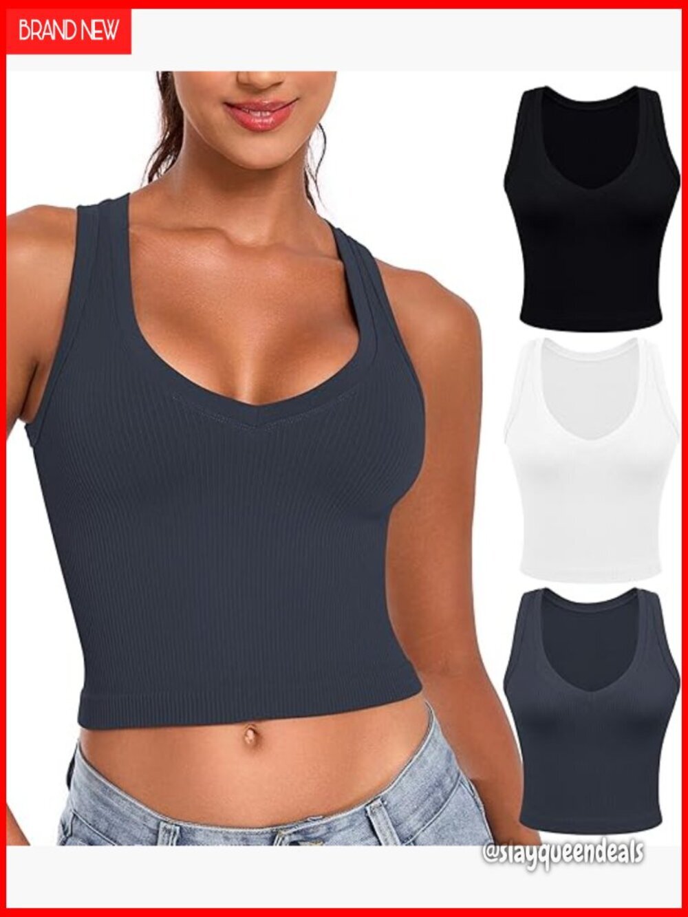 Ribbed Crop Tank Top Deep V-Neck Racerback Seamless Workout Yoga Top